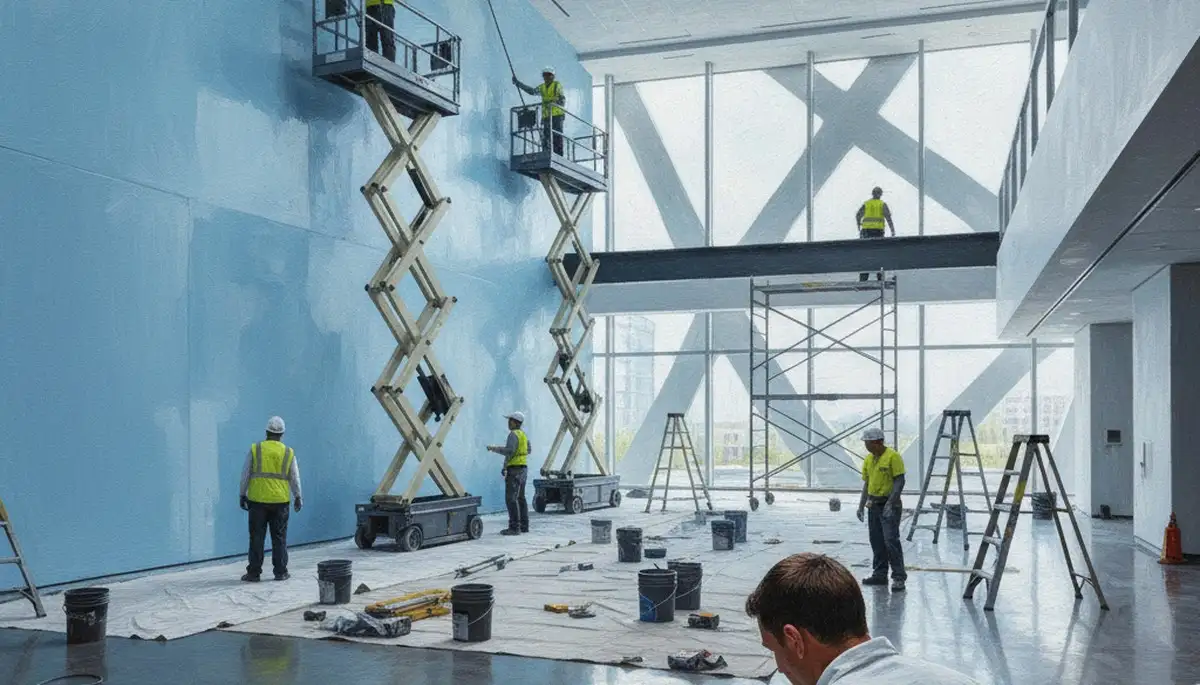 Commercial painting crew in Long Beach, CA applying coastal coatings to a business exterior