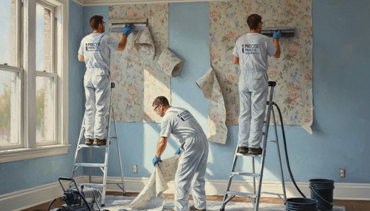 Professional painter removing wallpaper in a Long Beach, CA home for repainting প্রস্তু
