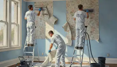 Professional painter removing wallpaper in a Long Beach, CA home for repainting প্রস্তু