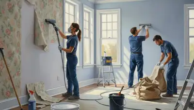 Wallpaper removal service in Long Beach, CA, preparing walls for repainting in a coastal home